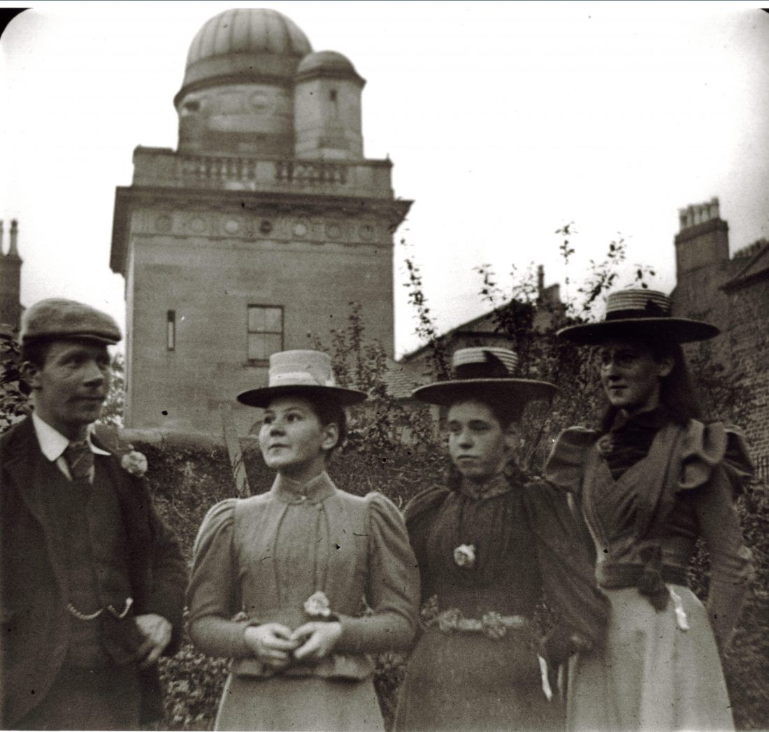 Late 19th century photograph of one man and three women outside the Coats Observatory