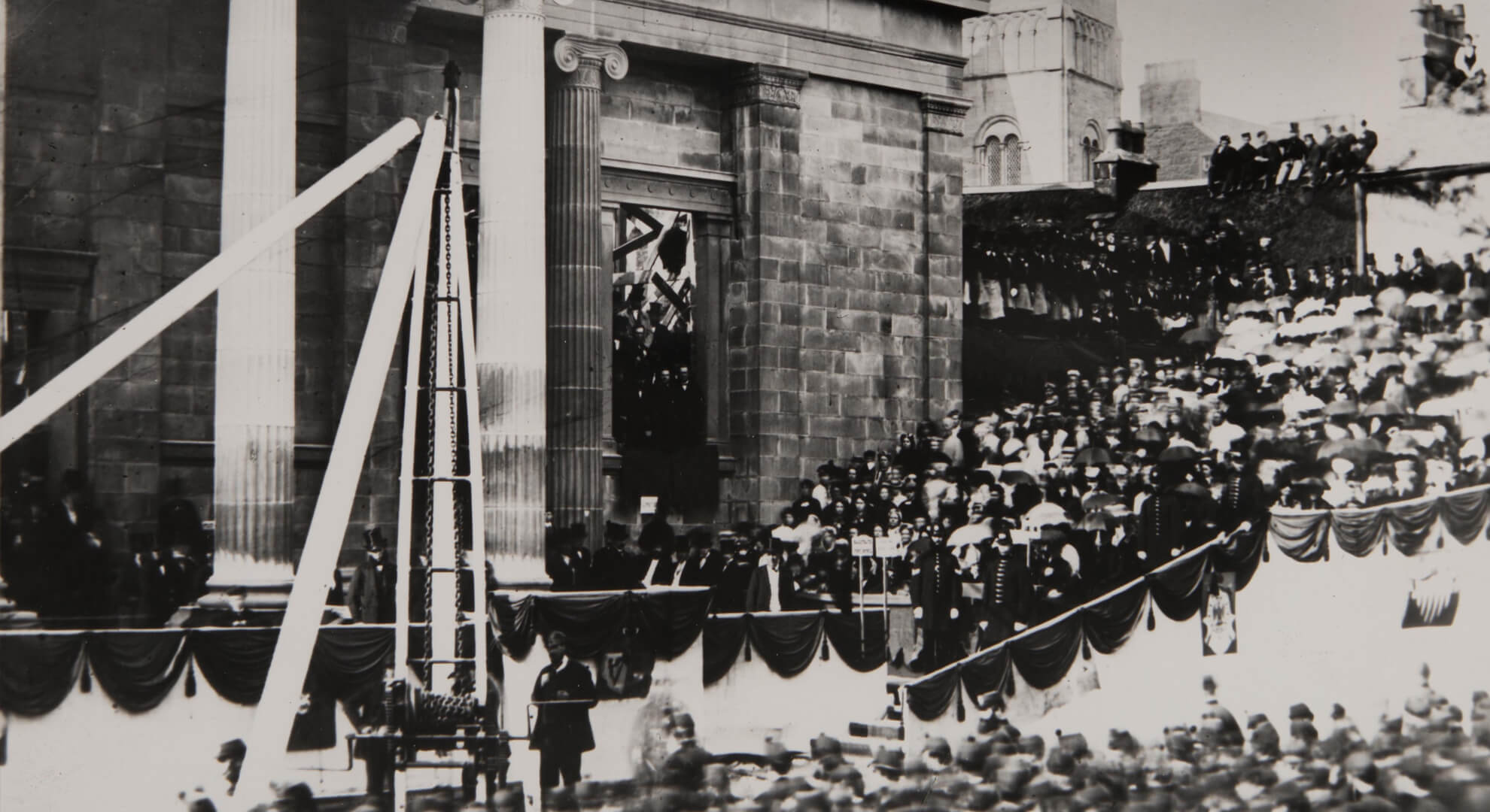 Photo of crowds gathered for the laying of the Museum’s foundation stone, 1869