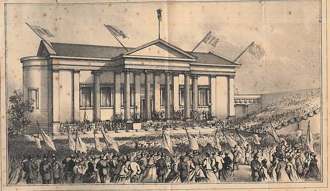 Etching of Paisley Museum opening ceremony 1871 showing a band and a crowd waving flags.