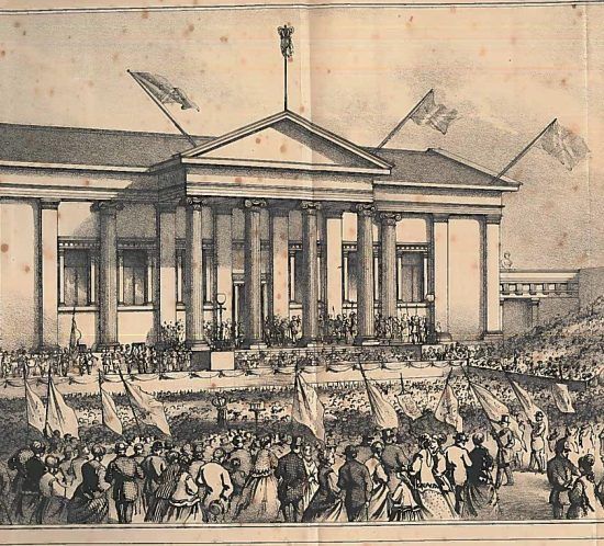 Etching of Paisley Museum opening ceremony 1871 showing a band and a crowd waving flags.