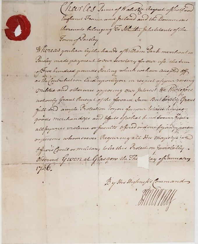 Jacobite Receipt to Paisley Town Magistrates (1745 Rebellion)